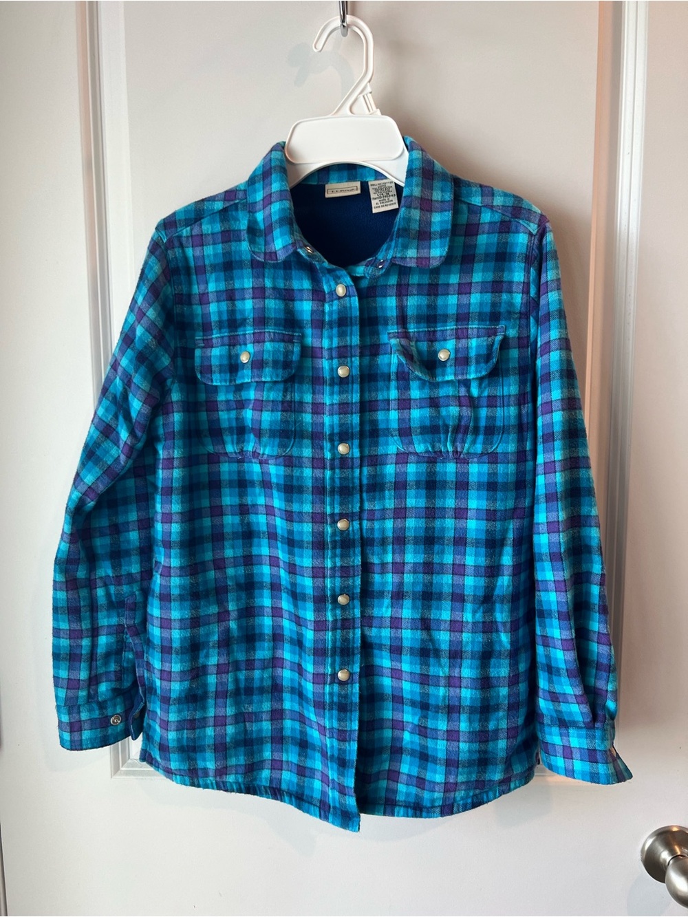 L.L. Bean Fleece Lined Teal and Navy Plaid Button-Down Shirt. Large